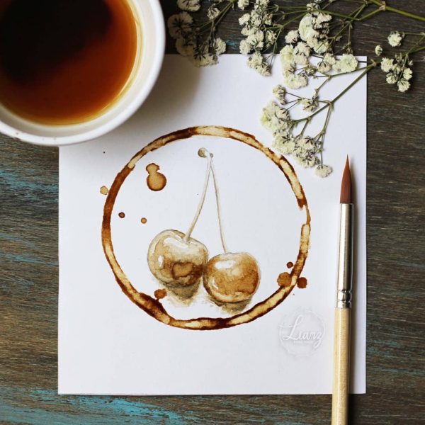 Cerezas con café , una buena combinación al atardecer – Kaffeemalerei von Lianzhi Artist