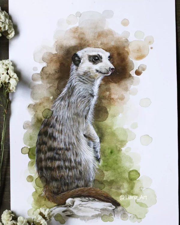 Bella suricata en su hogar...watercolors – Aquarell von Lianzhi Artist