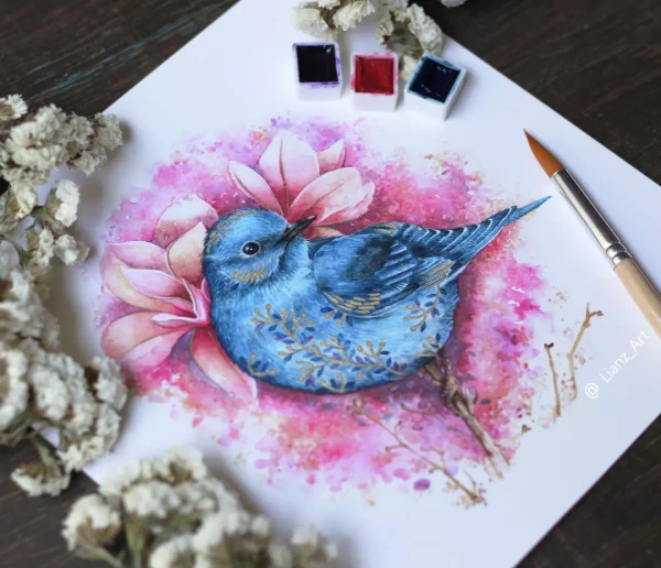 Pequeños mensajeros azul de montaña y petirrojo – Aquarell von Lianzhi Artist