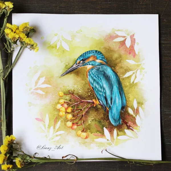 Eisvogel im Frühling – Aquarell von Lianzhi Artist