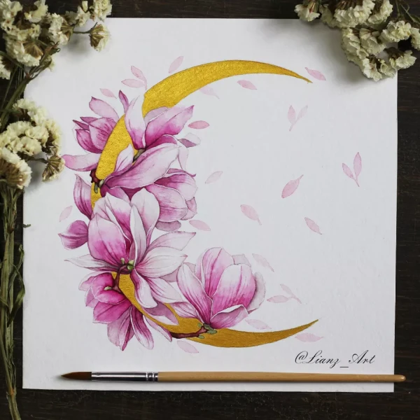 Magnolie und goldener Mond – Aquarell von Lianzhi Artist
