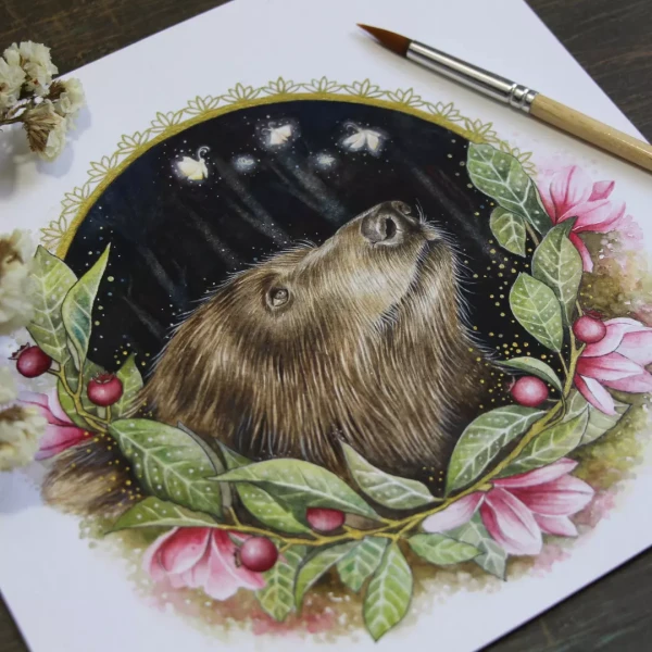 Bär im Blütenkranz – Aquarell von Lianzhi Artist