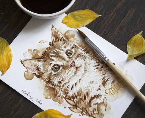 Little Miel, another member of the family, delighted to… – Kaffeemalerei von Lianzhi Artist