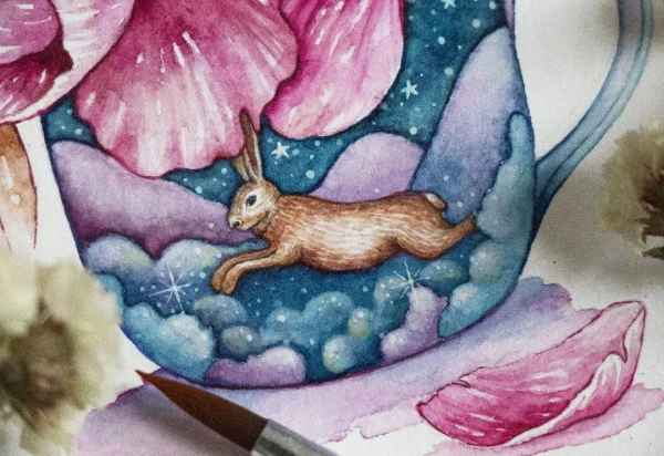 Hase auf Wolkenreise – Aquarell von Lianzhi Artist