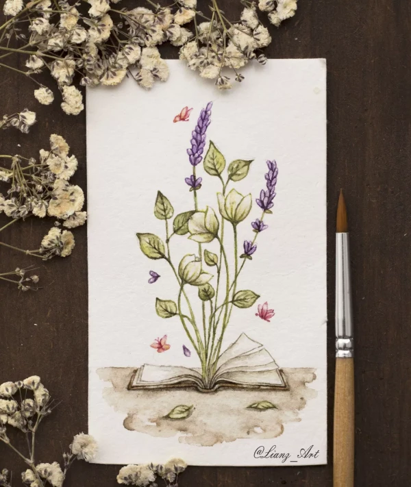 Magische Blumen und Bücher – Aquarell von Lianzhi Artist