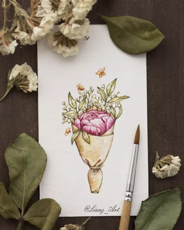 Little peony in bouquet, enjoy your day – Aquarell von Lianzhi Artist