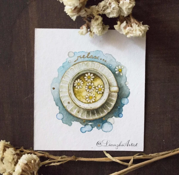 A relaxing chamomile tea for today – Aquarell von Lianzhi Artist