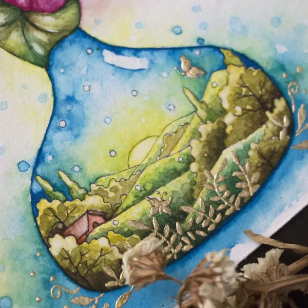 Ein Garten voller Blumen (1) – Aquarell mit Goldakzenten von Lianzhi Artist